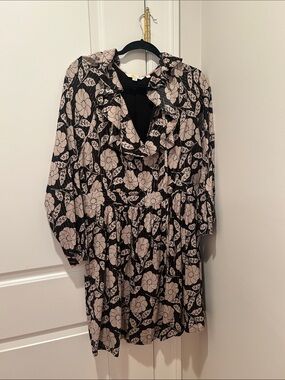Boden Black Dress with Cream Floral Ruffle Neck
